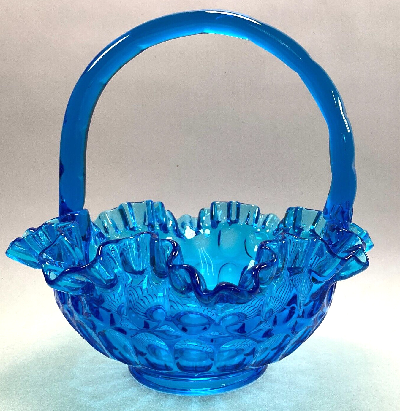 Fenton Colonial Blue Thumbprint Basket Ruffled Rim 8 1/2″ Vintage