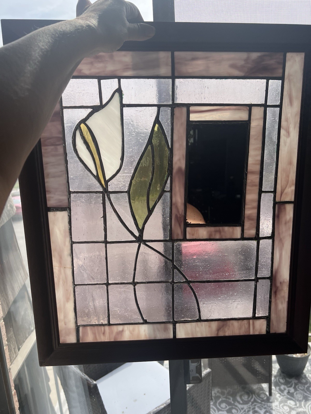 VTG Stained Glass Calla Lily W/ Mirror In Original Wood Frame 19.5×22.5×1”