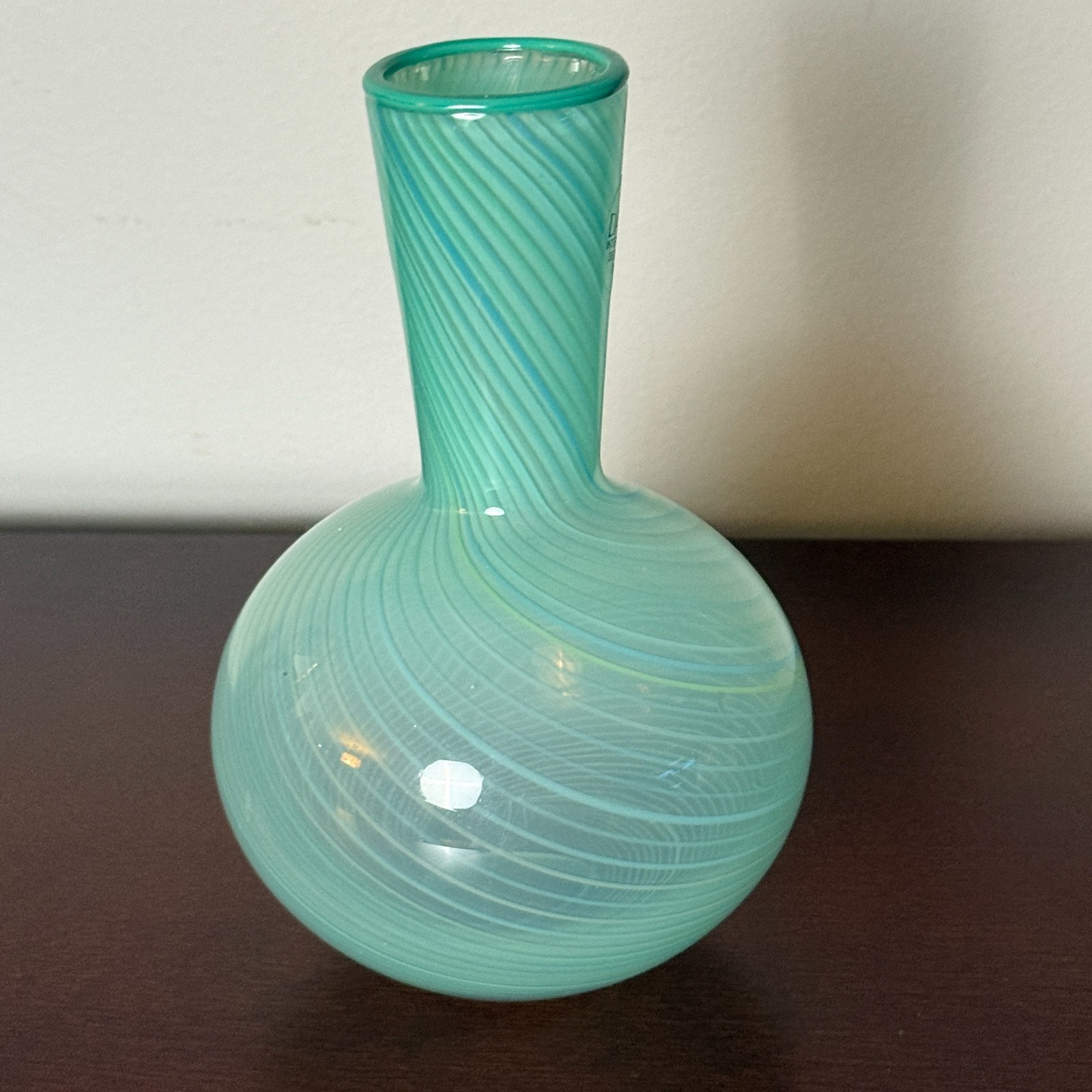 Dansk International 1970 Mezza Filigrana Turquoise Mint Swirl Art Glass Bud Vase