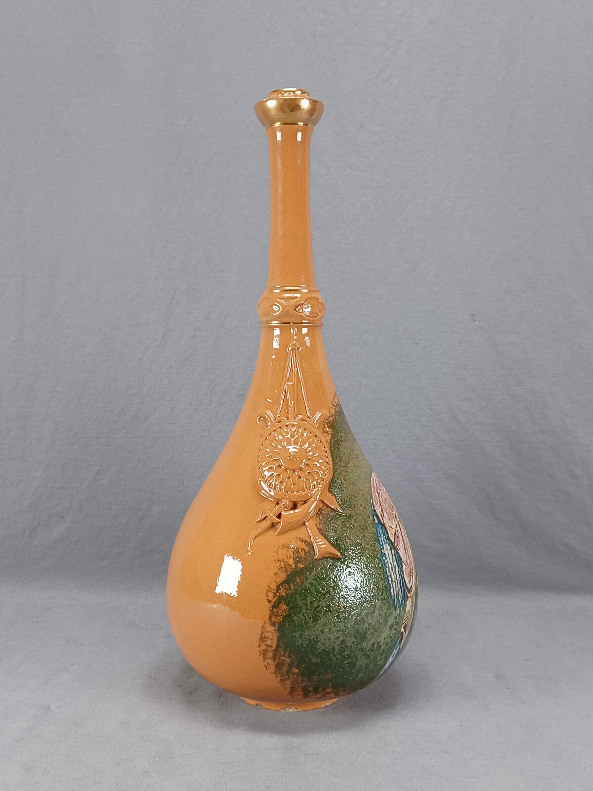 Late 19th Century Austrian Hand Painted Ottoman Turk Orange & Gold Faience Vase