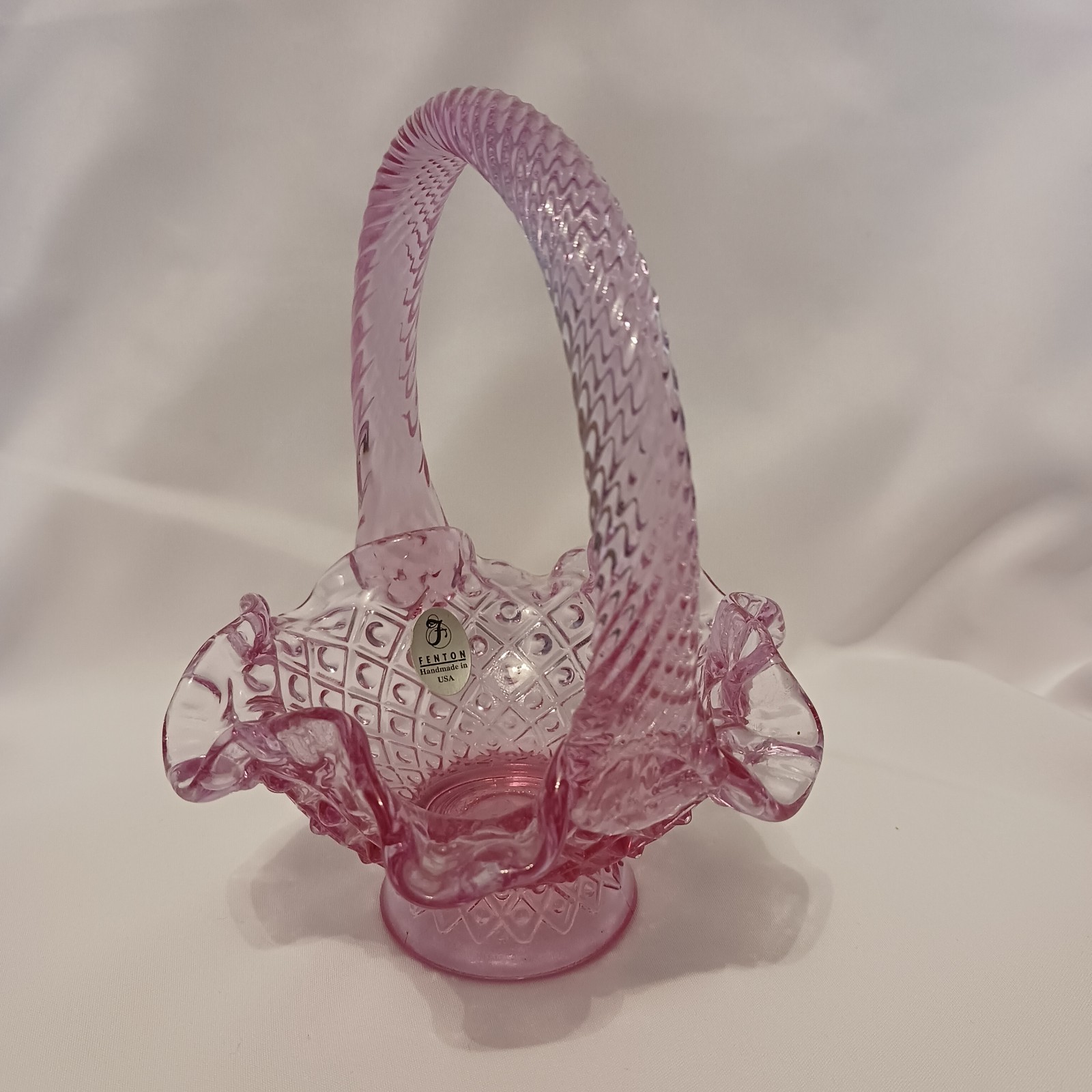 Fenton Art Glass Pressed Pink Diamond Dot Hobnail Pattern Basket with Handle 6″