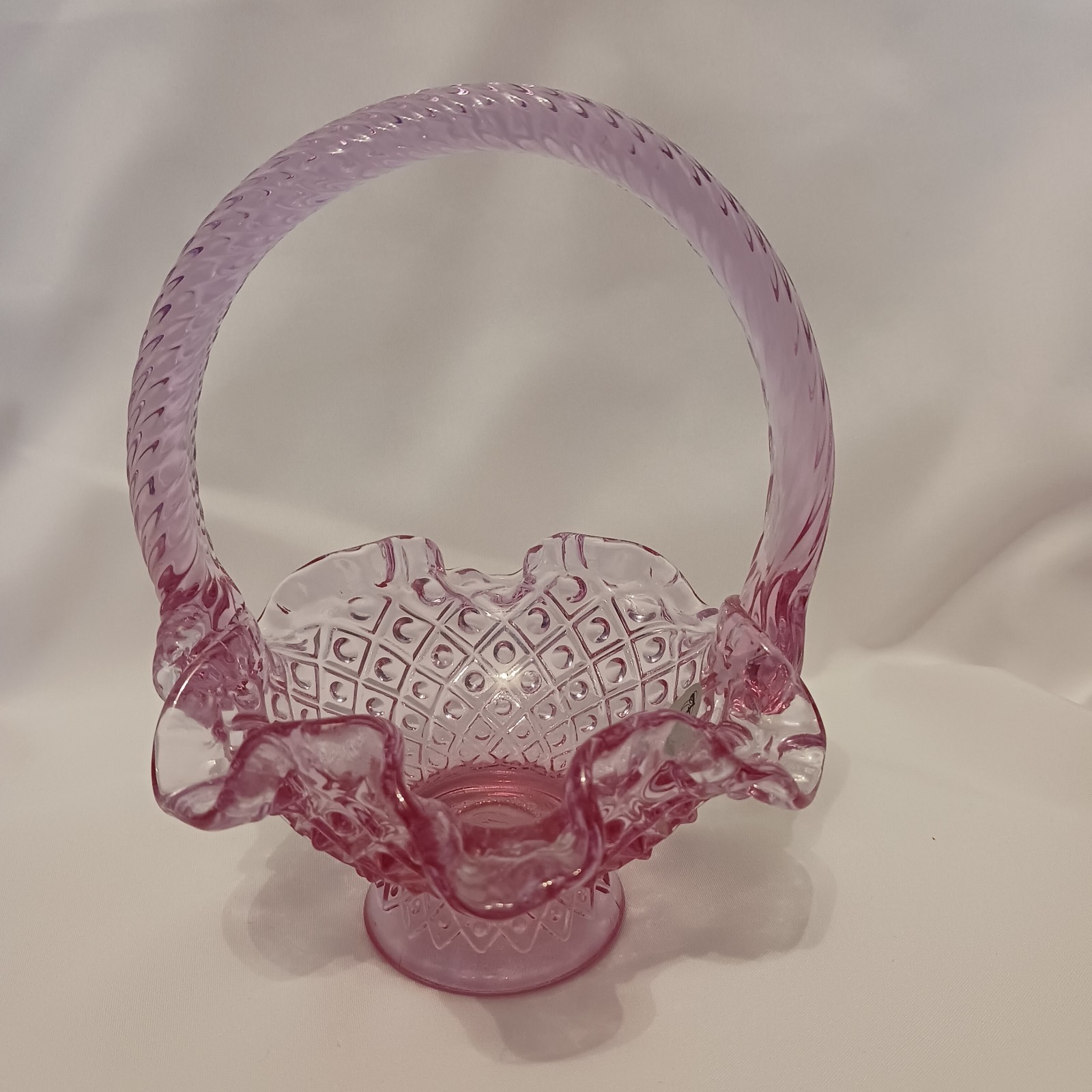 Fenton Art Glass Pressed Pink Diamond Dot Hobnail Pattern Basket with Handle 6″