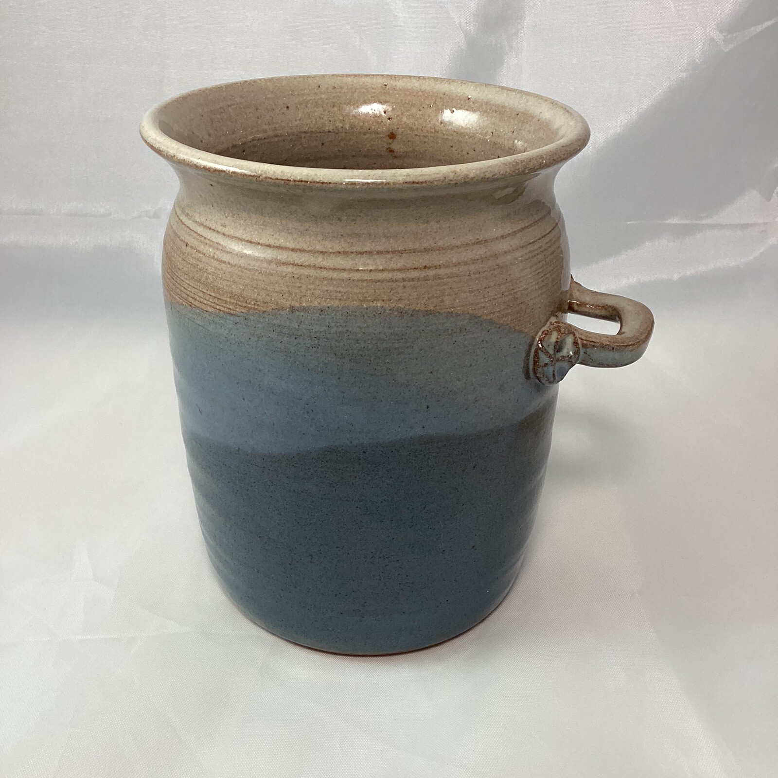 Art Pottery 6″ Cylinder Vase Utensil Holder Blue Brown with Handle Signed
