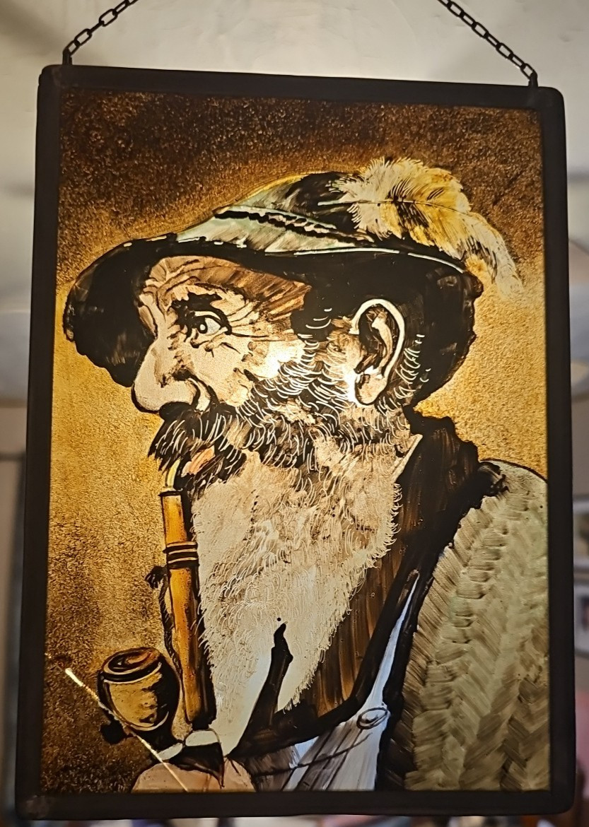Vintage Painted Glass Picture Suncatcher w/Chain Bavarian Man Smoking Pipe