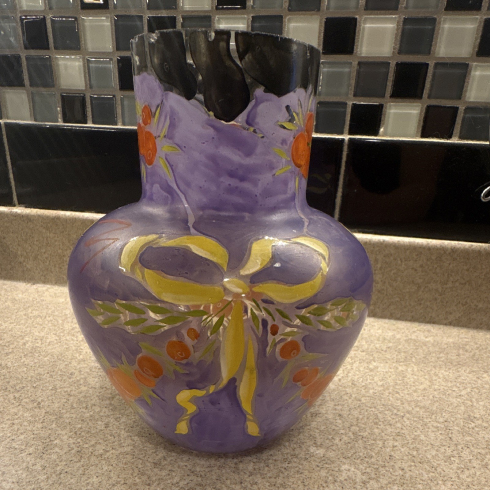 Soli Hand Painted Signed Glass Vase Purple Yellow Orange Floral Flowers