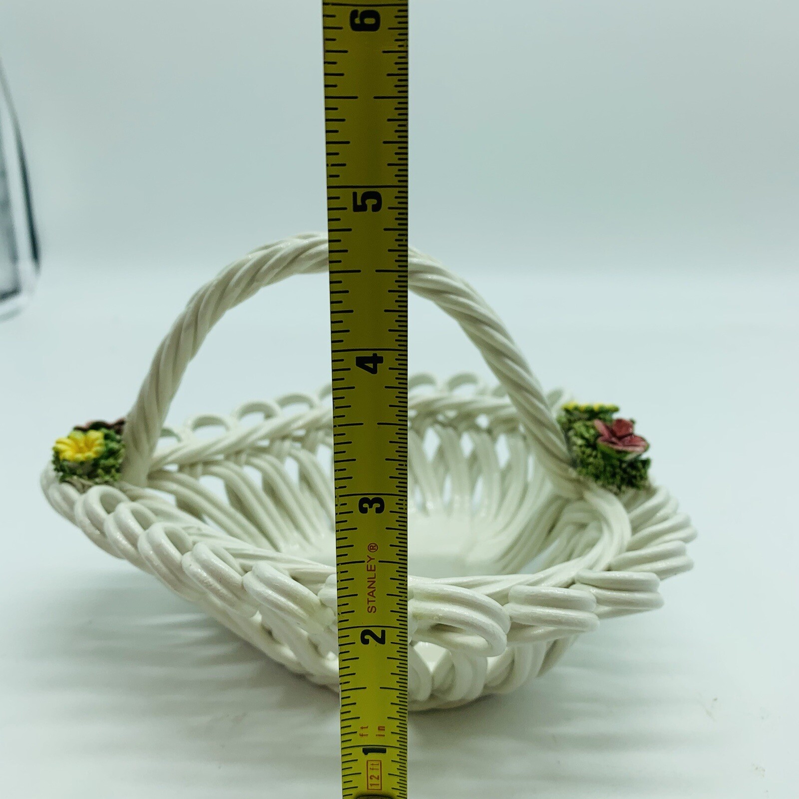 Metal/Wire Flower Handmade Basket Italian Woven 7” with pink and yellow flowers