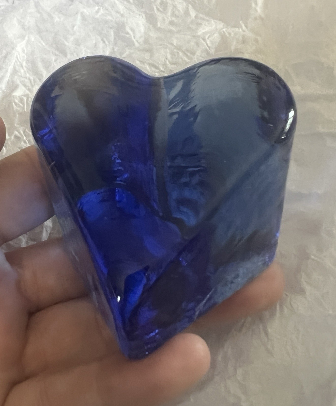 Fire Light Cobalt Blue Heart Recycled Glass Paperweight Vintage, Signed,