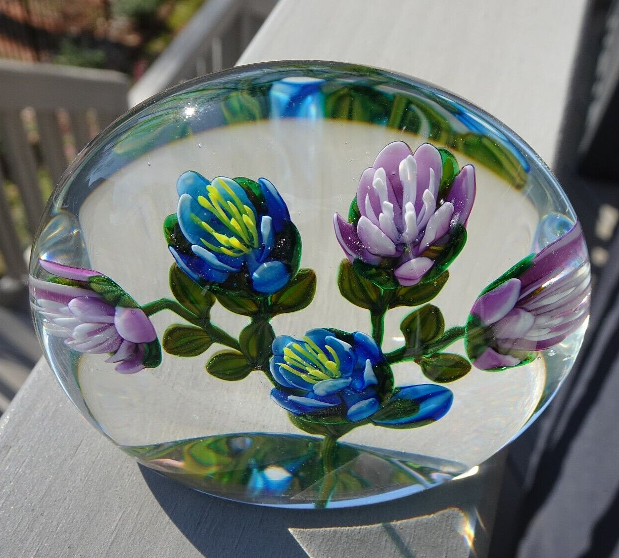 Signed 1987 Ken Rosenfeld Floral Bouquet Art Glass Upright Paperweight 5 Flower