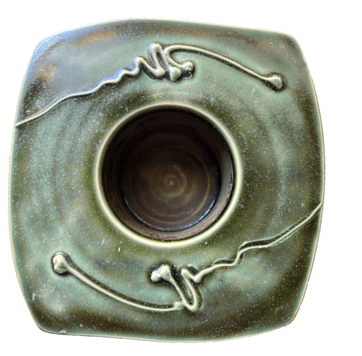 Forest Green Handmade Pottery Ceramic Candle or Flowers Holder Artist Signed
