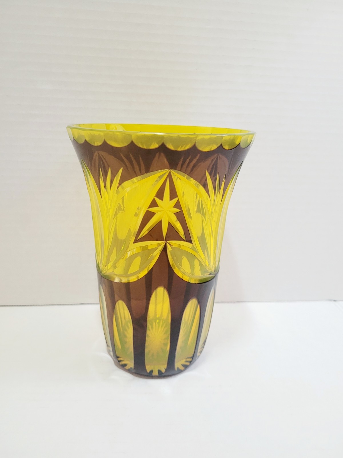 Vintage Bohemian Czech Brown To Yellow Cut Crystal Glass Vase Antique