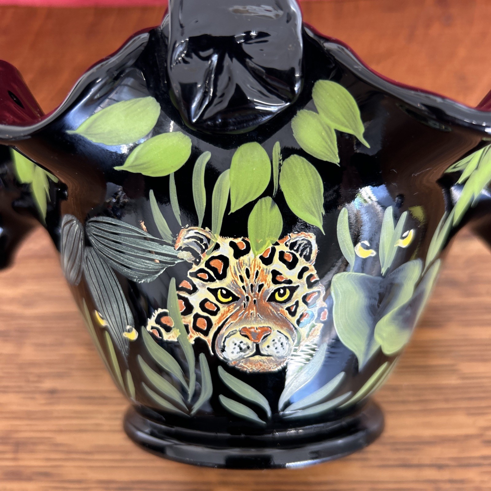 Fenton Glass Basket Midnight Safari Jungle Jaguar Zebra Giraffe Black Amethyst