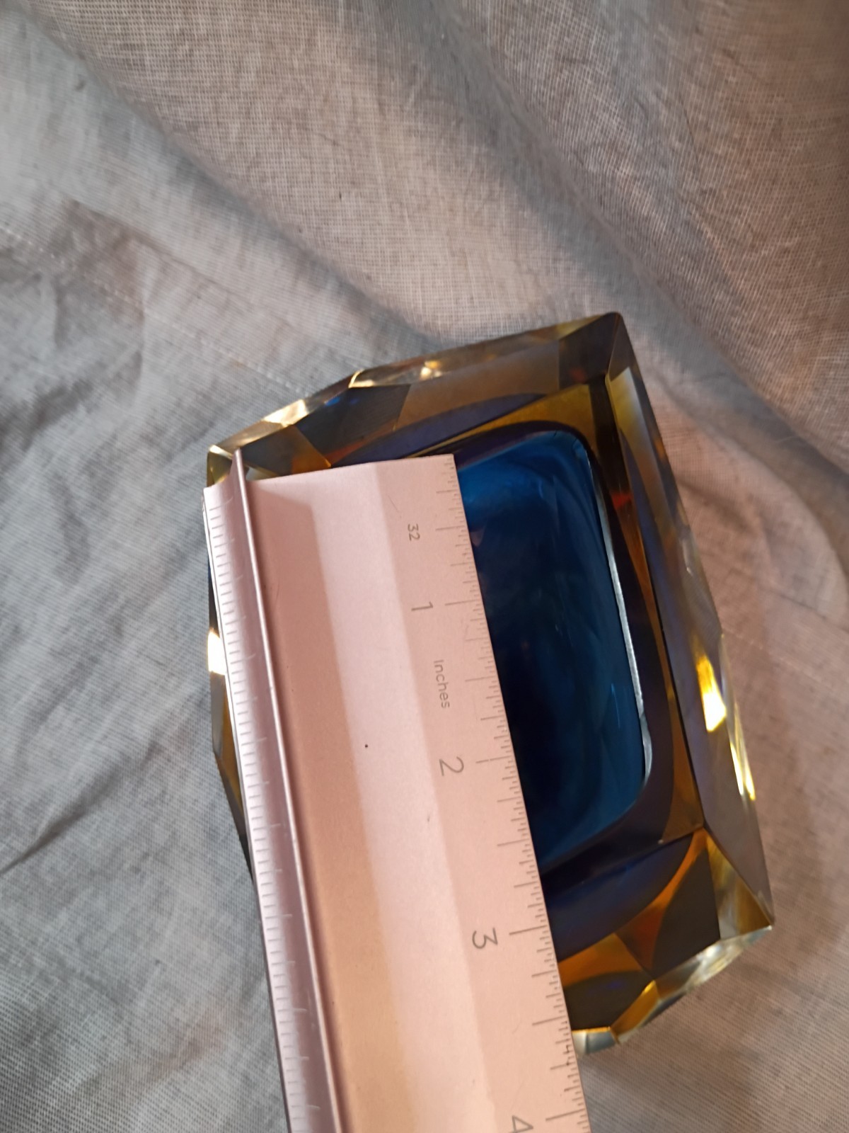 Murano Glass Faceted Blue and Yellow Geode Bowl Ashtray Flavio Poli Sommerso