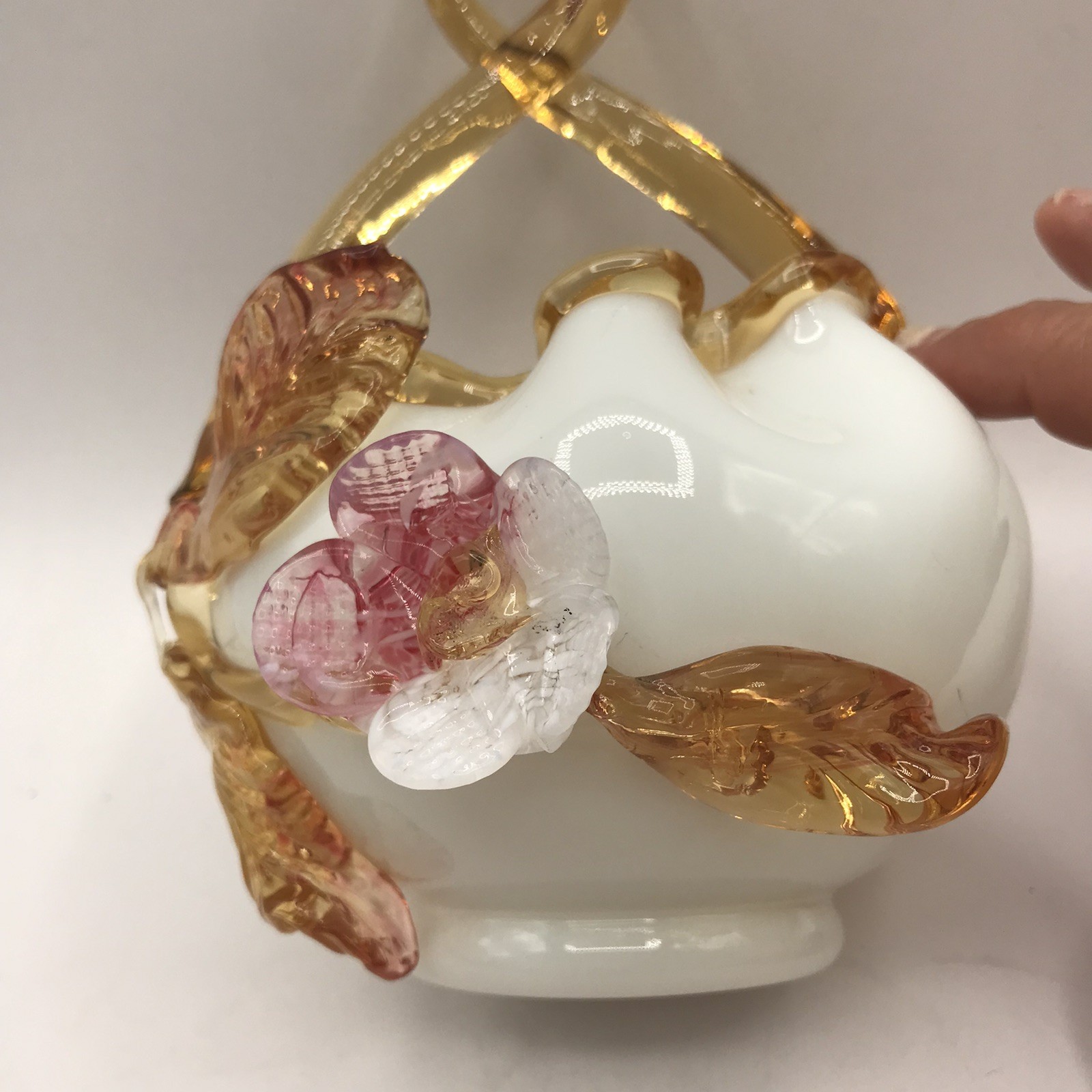 Antique Stevens & Williams Basket Amber Crest & Handle, Flower on White – GLOWS!