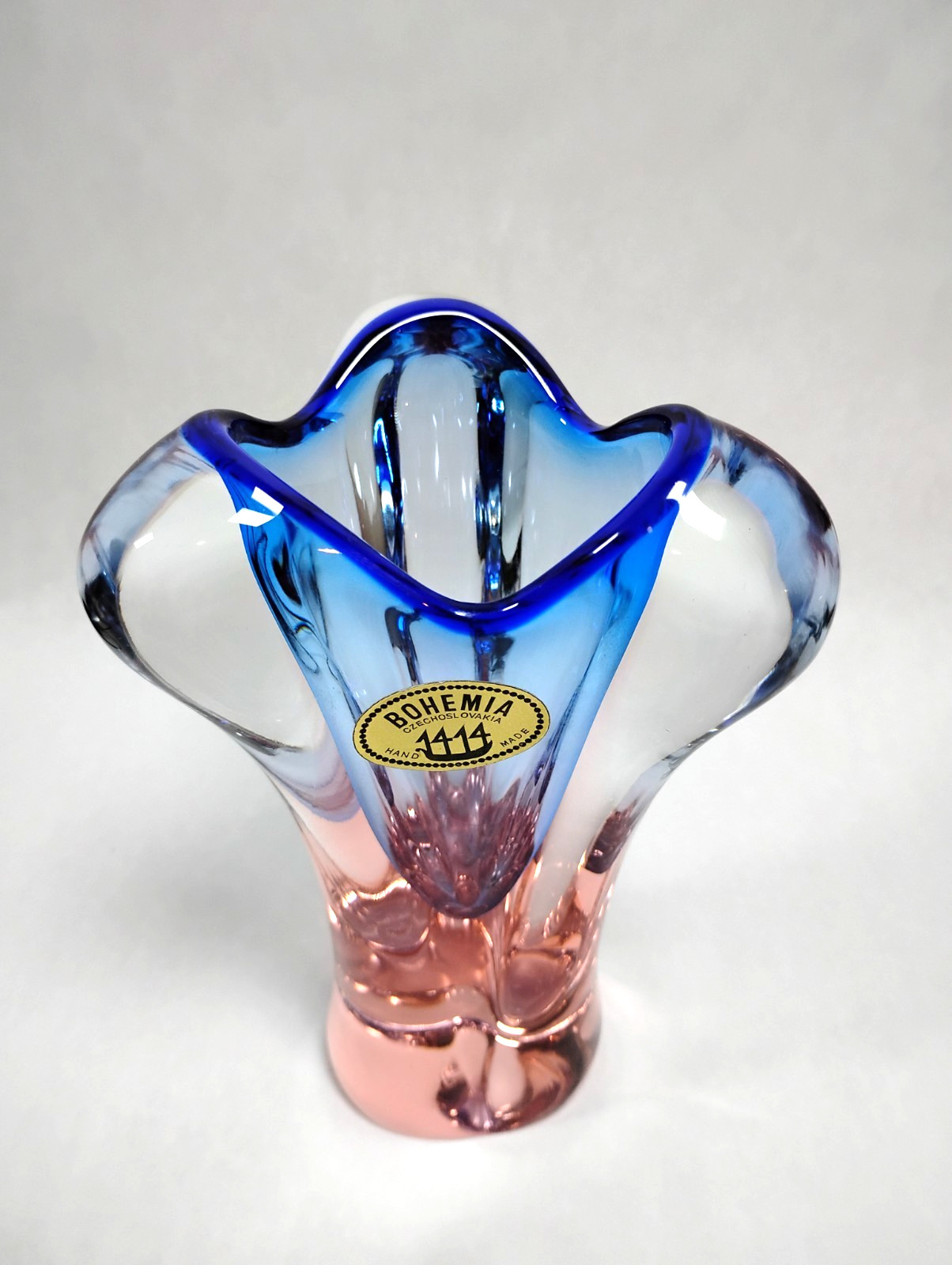 Vintage Bohemia Crystal Glass Blue & Pink Perfect Condition Vase 8″ Tall