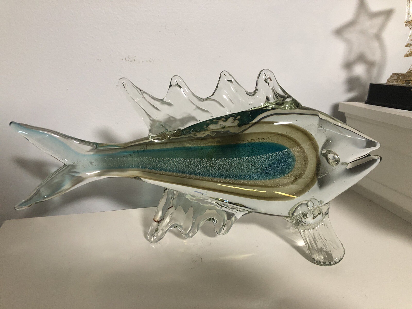 Glass Fish Sculpture Handblown Glass Possibly Murano Teal/brown/silver Shimmer
