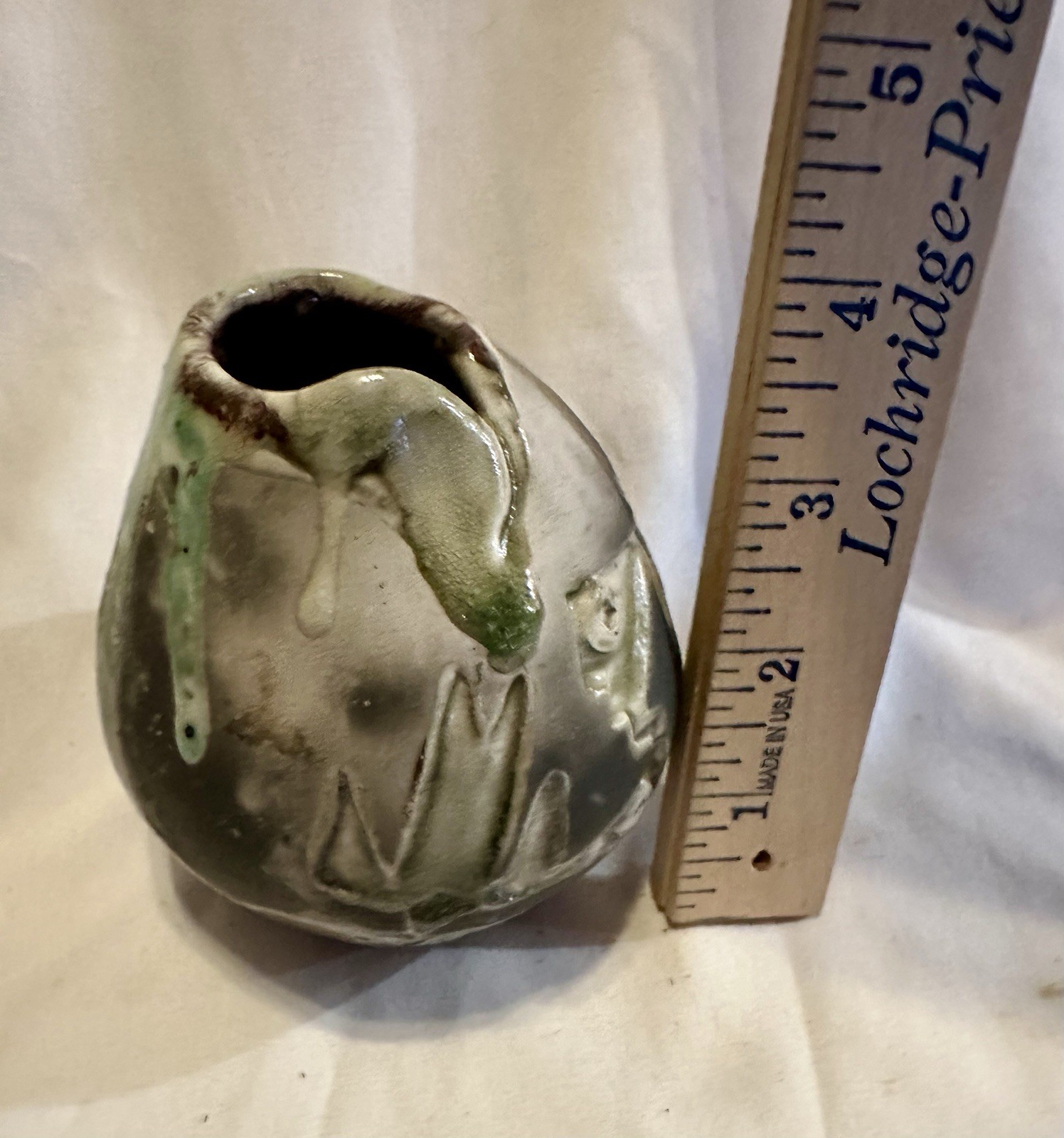 Studio Art Drip Glaze Green Brown Cream On Black Clay Ceramic Primative Etched
