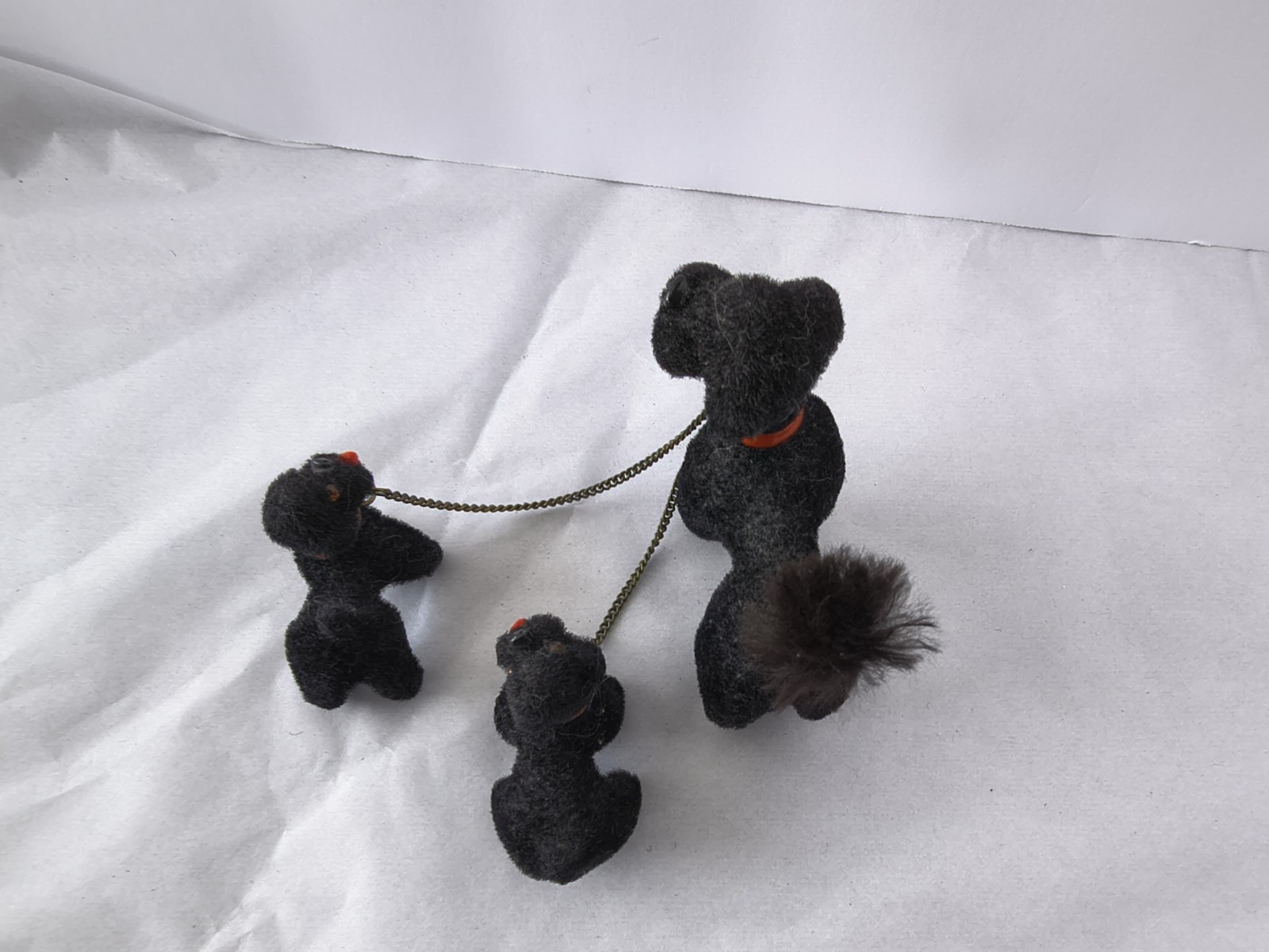 Vintage Set Of Three Max Carl Flocked Black Poodle Dogs Family West Germany