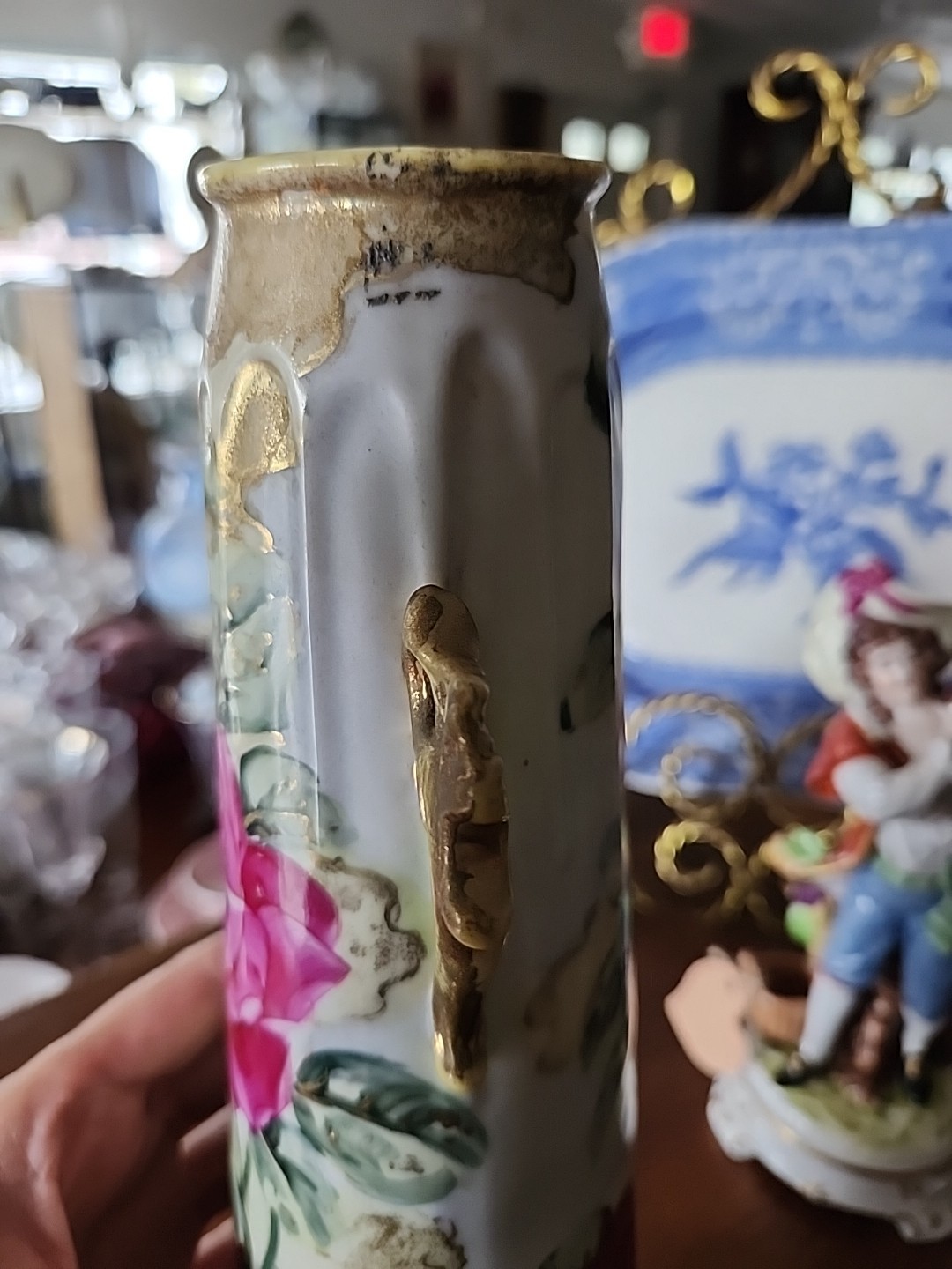 14.5″ Antique Nippon Hand Painted Bud Vase Large Cabbage Roses Japan