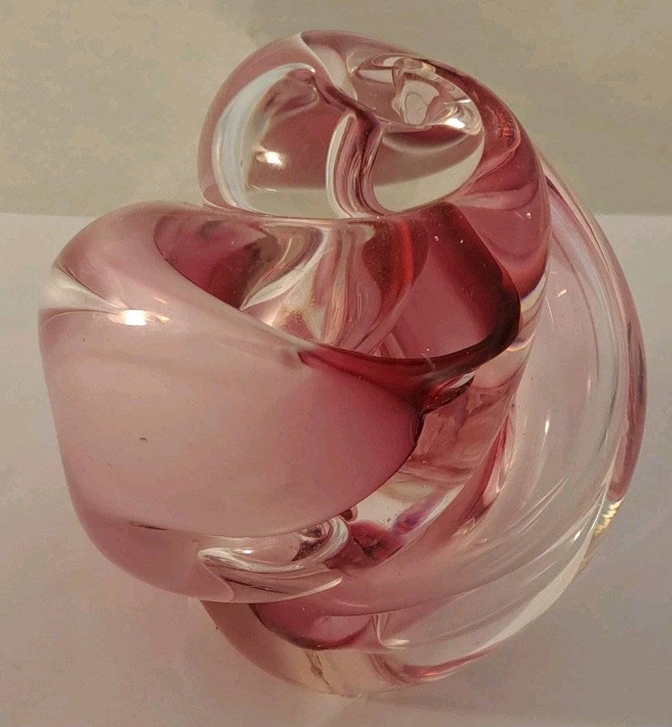 Pink Purple Clear Art Glass Paperweight Nautilus Shell Swirl 3 1/4” Signed