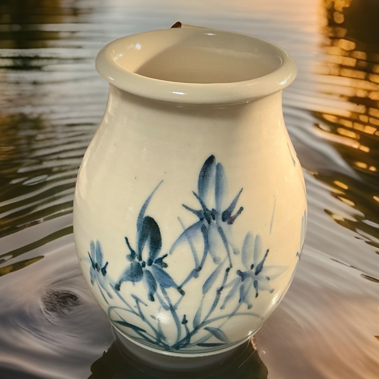 Studio art pottery vase, hand painted Irises signed Hughes, 6.5” Tall