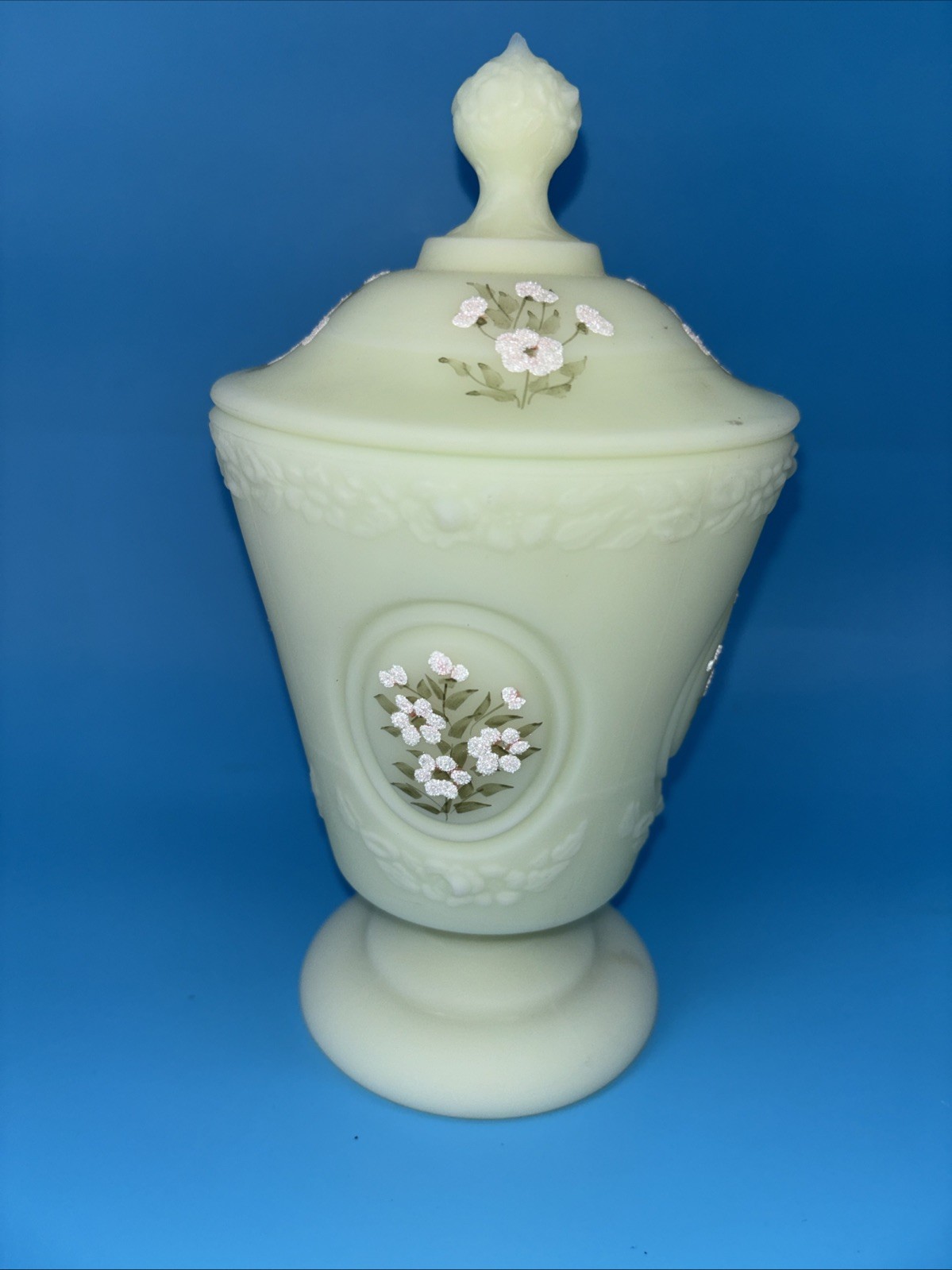 FENTON HP PINK BLOSSOMS ON CUSTARD MEDALLION CANDY DISH EUC Signed See Photo!