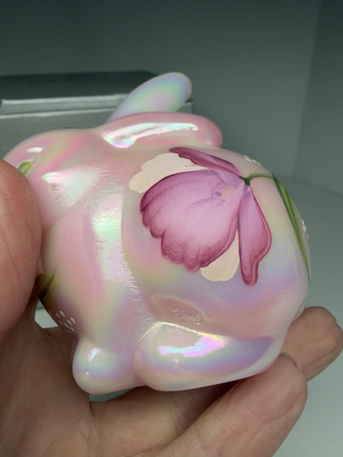 Vintage FENTON Pink Iridescent Hand Painted Glass Bunny Rabbit-Signed With Box