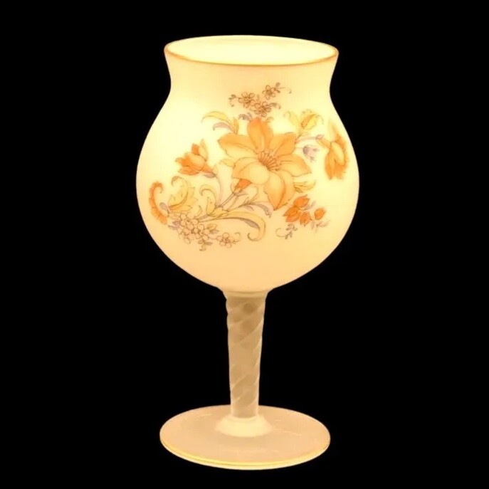 Hand Painted Candle Holder White Satin Glass Gold Trim Stemmed By Norleans Italy