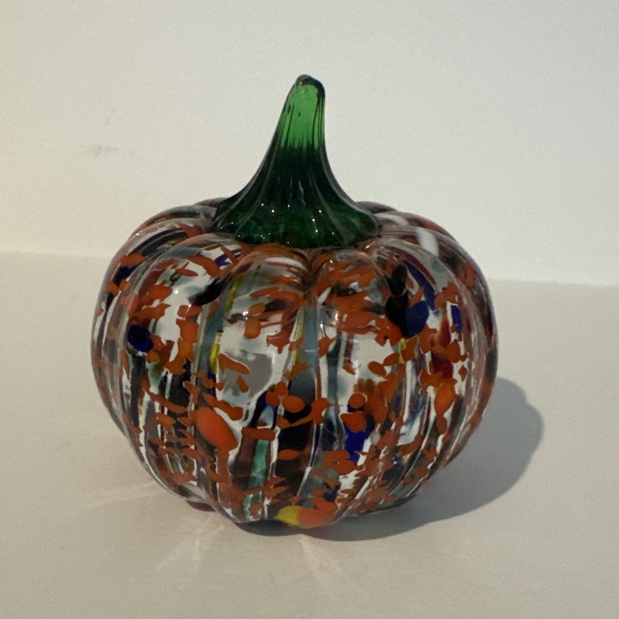 Blenko Pumpkin Paperweight Mini Multicolor Frit In Crystal Glass Applied Stem