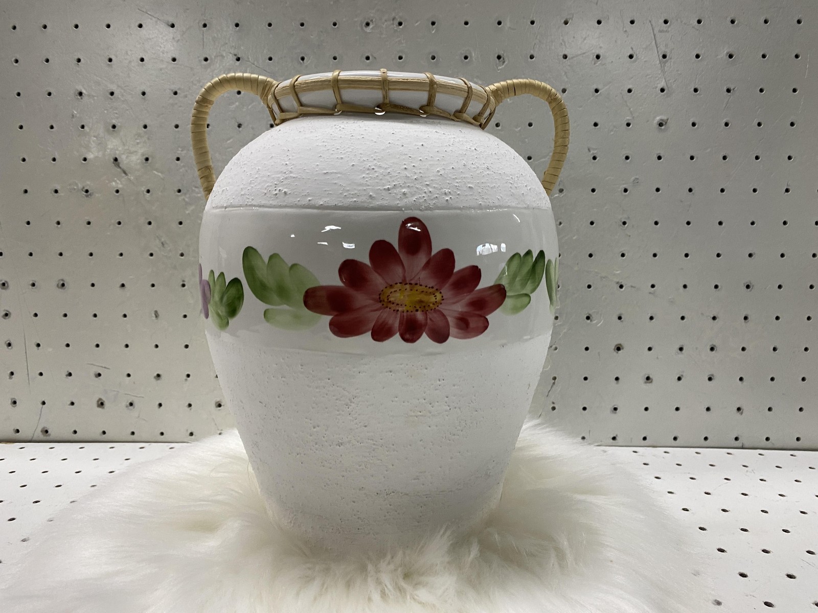 Hand Painted Ceramic Vase Textured White Floral Wicker Handles Decorative