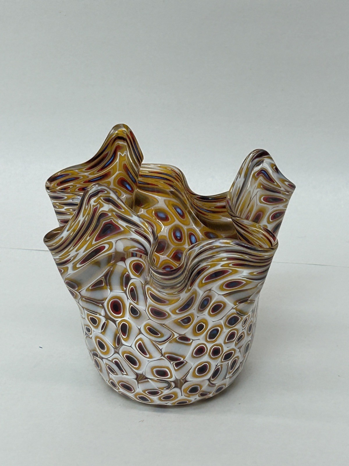 Murano Glass La Serenissima Millefiori Handkerchief Vase Bowl Italy Red Brown 4″