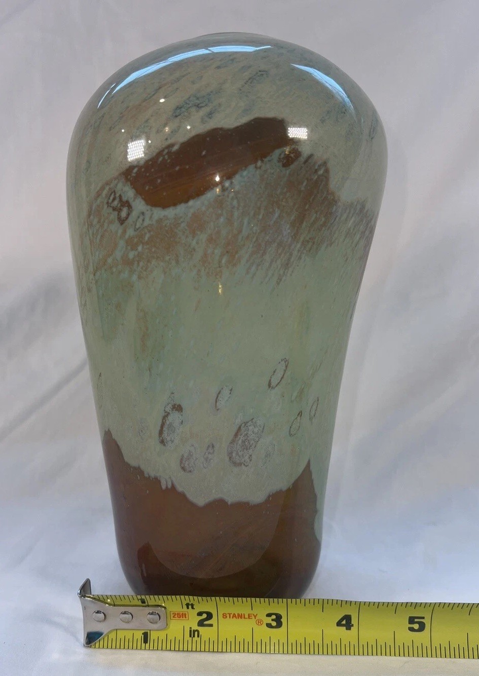 VTG 1974 Handblown studio art glass vase signed dated M Sumerak Green Brown 8.5”