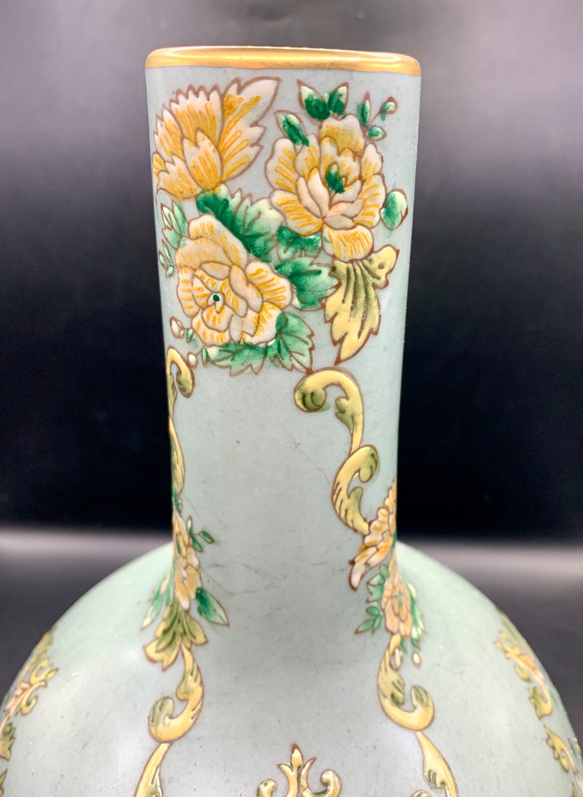 Porcelain Vase Celestial Sphere Hand Painted Celadon Chinese Vintage 10.25″ T
