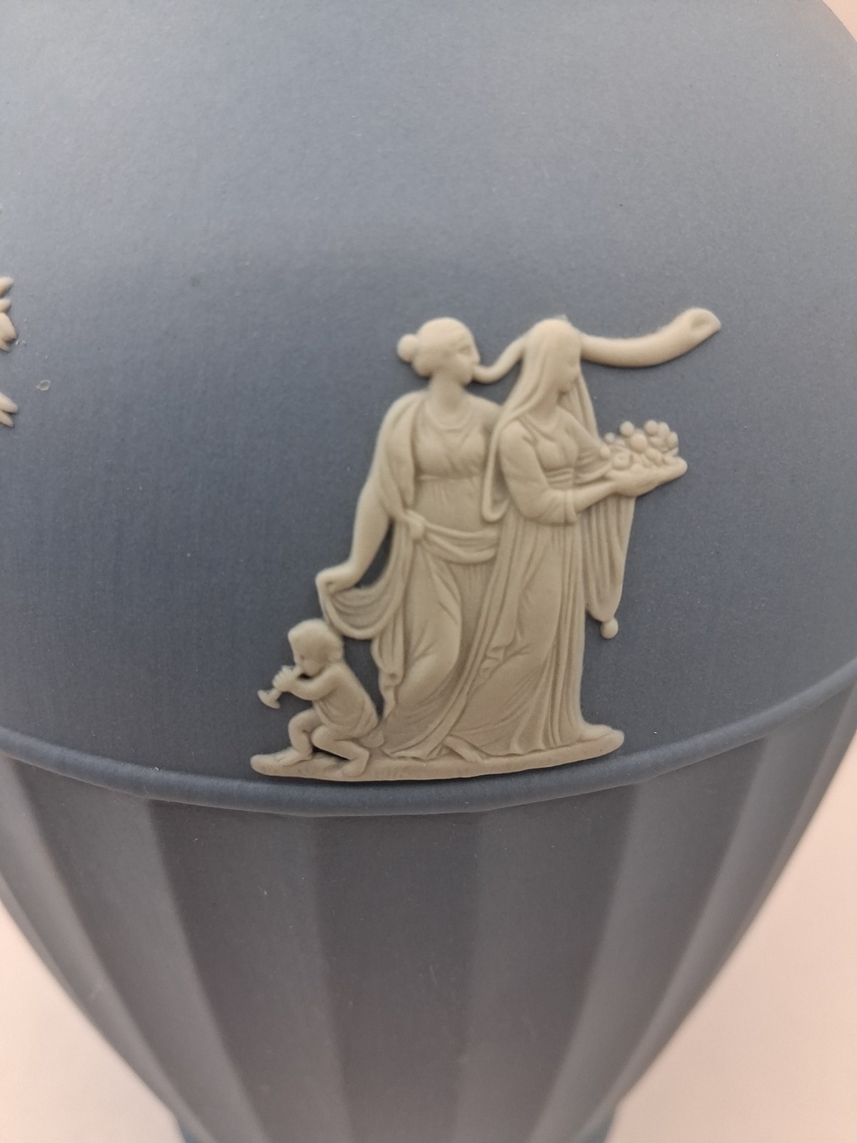 Vtg. Uniq Wedgwood Blue Off White Jasperware Vase W Classical Scenes. England