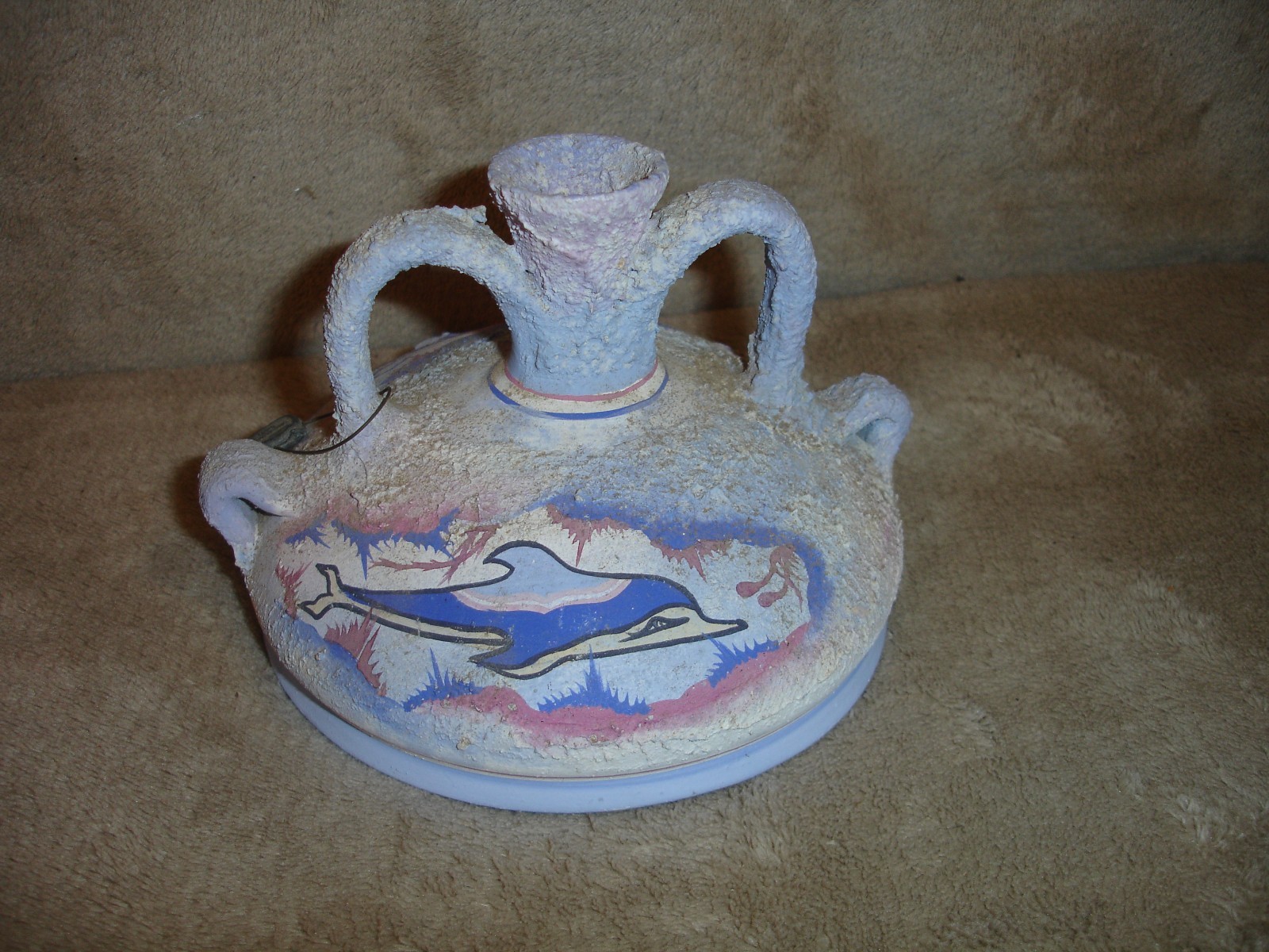 Vintage Minoan Hand Painted Greek Vase Flask Museum Copy with Dolphins 4″ Tall