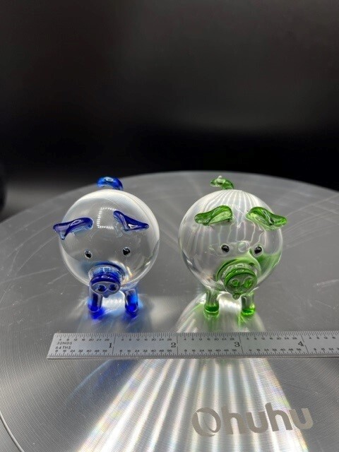 Lenox Art Glass Clear Blue & Green Pigs Piggys – Beautiful!