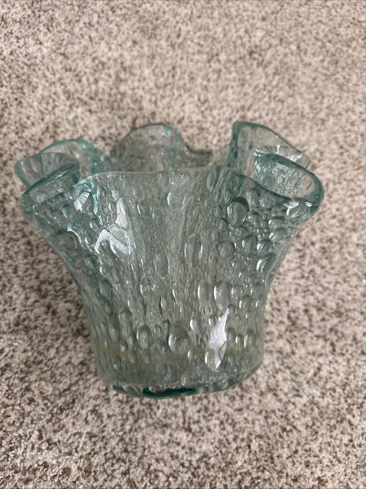 Murero Glass Aqua Textured Handkerchief Vase Handmade In Italy 10″ x 10.5″