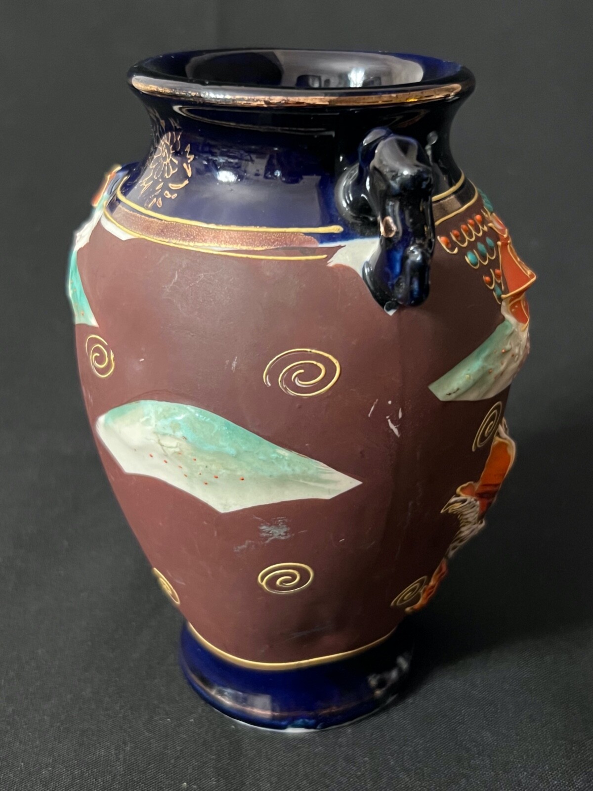 Vintage Japanese Moriage Dragon Ware Vase Double Handles Gold Accents 6″