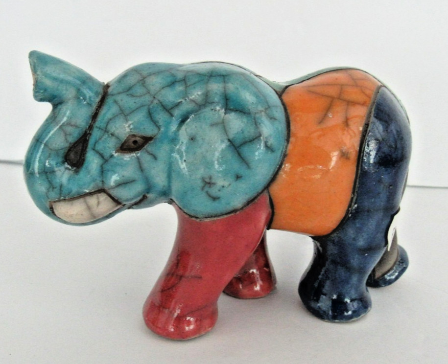 NWT Elephant Raku Pottery Figurine South African Trunk Up Handmade Signed