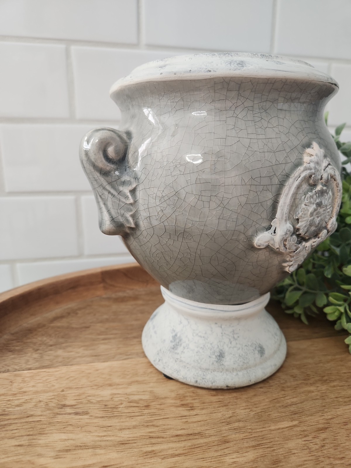 Grey Crackle Glaze Ceramic Urn Decorative Vase with Medallion Handle Home Decor