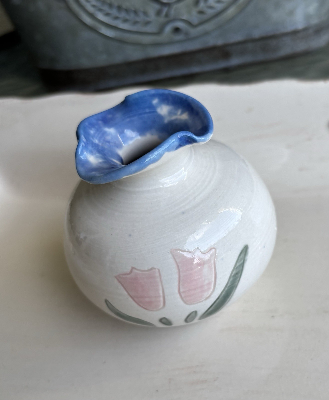 Art Pottery Hand Painted Pink Tulip Cottage Core Bud Vase Scalloped
