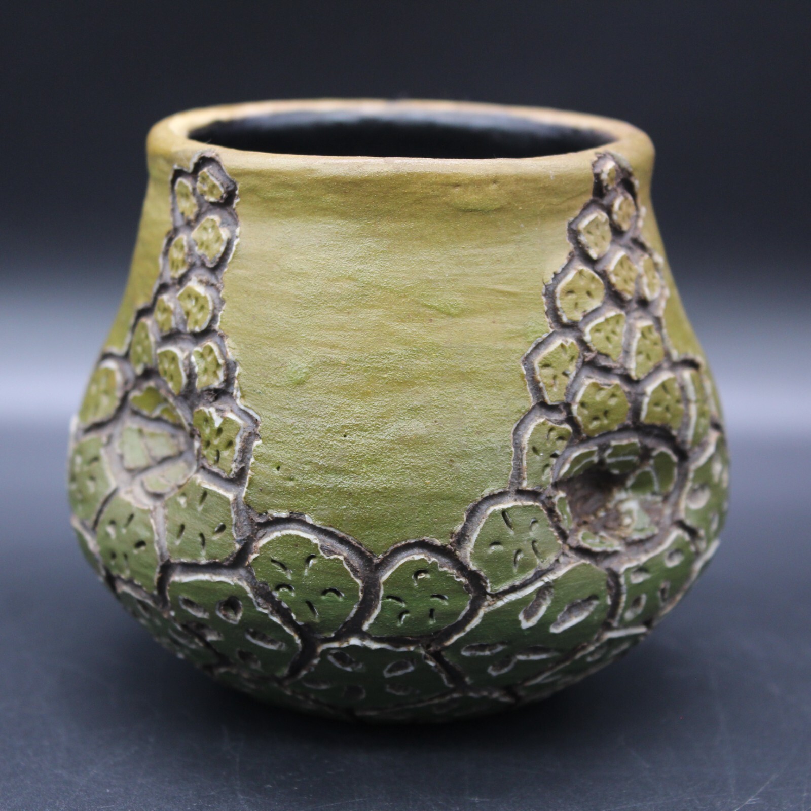 Studio Raku Art Pottery Vase / Planter Prickly Pear Cactus Incised Design 3″