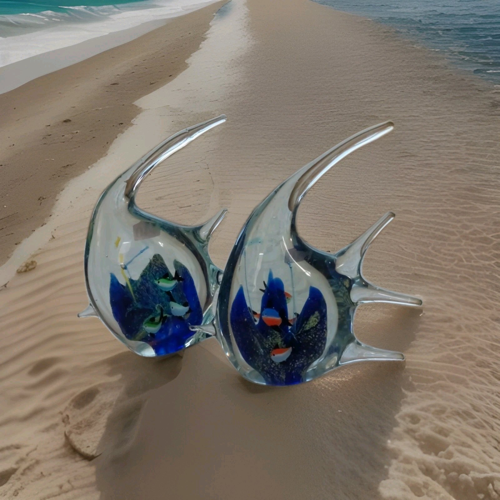 Lot 2 Italian Art Glass Fish Tank Aquarium Sculpture 9″ Tall Murano Style