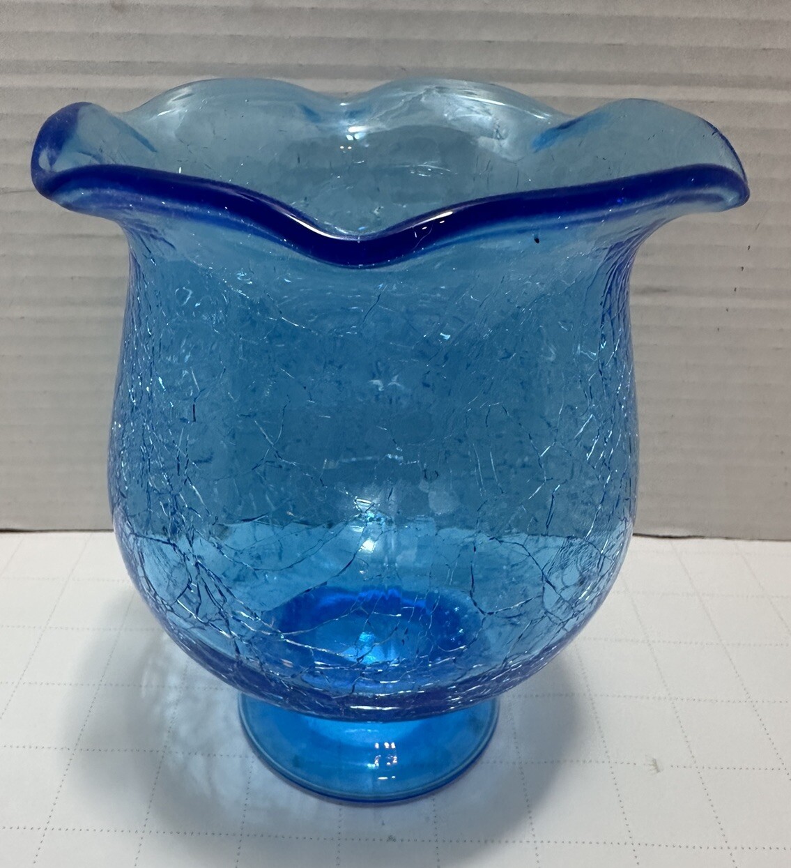 Vintage Mold Blown Crackle Aqua Blue Glass Vase Candle Holder Ruffled