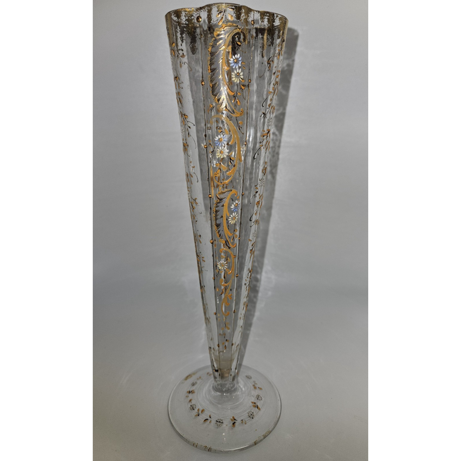 Vtg “Moser Style” Trumpet Clear Blown Glass Enameled Hand Painted Vase 10″
