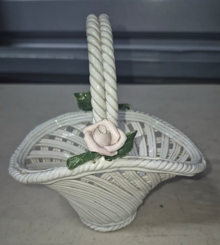 Capodimonte Basket With Handle pink and yellow rose Hand Painted Made in Italy