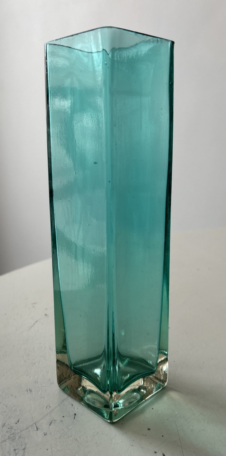 VTG Gunnar Ander Rectangular Teal Art Glass Vase Lindshammar Sweden 8.1”Hx2”D
