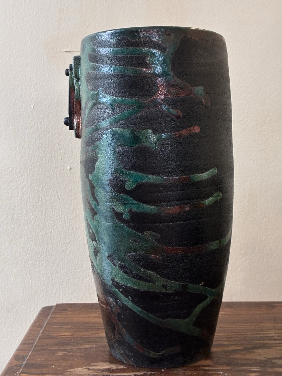 Signed Studio Crafted Ceramic Vase Green Black Copper Abstract