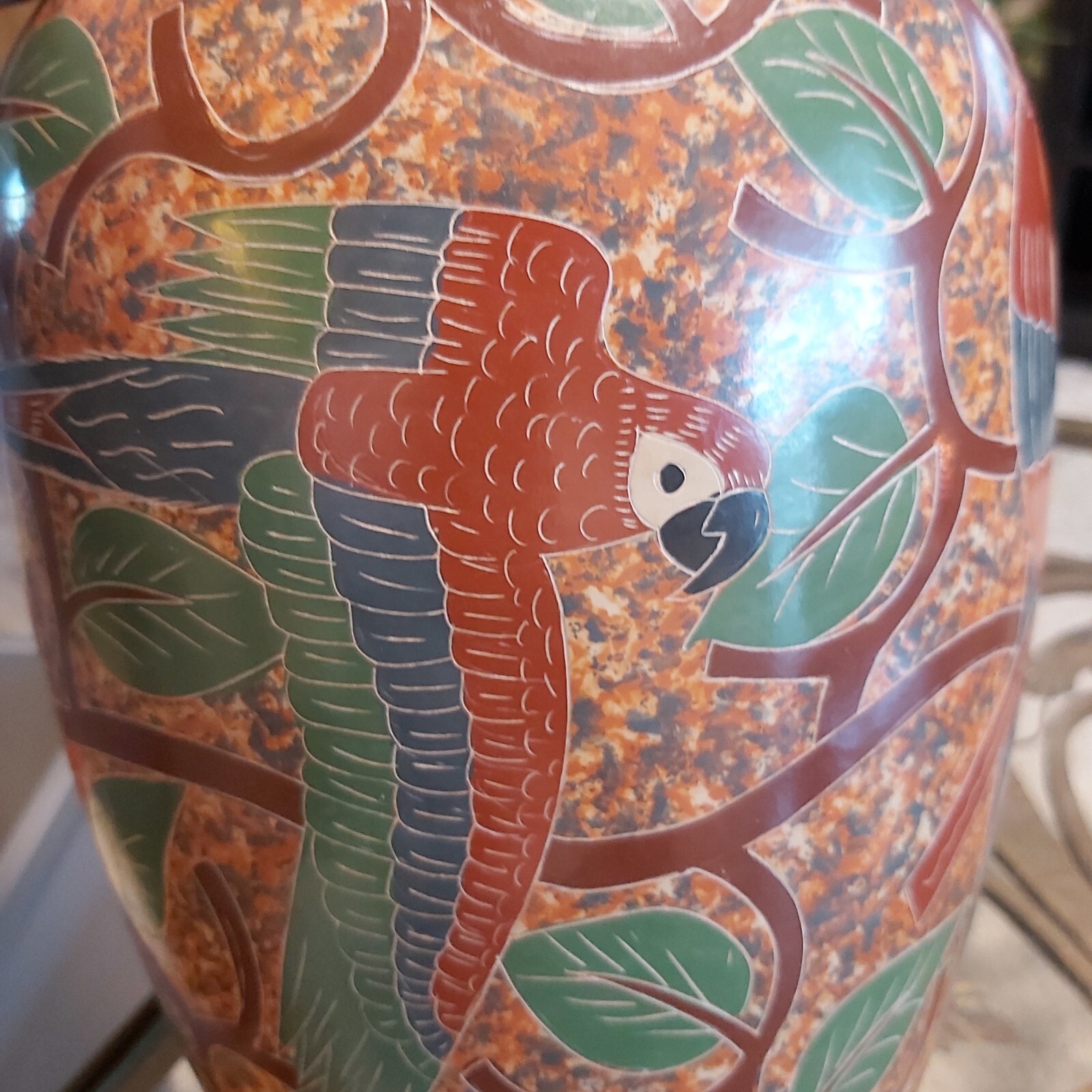 Vintage Handmade Clay Vase Decorated with Parrots And Trees READ