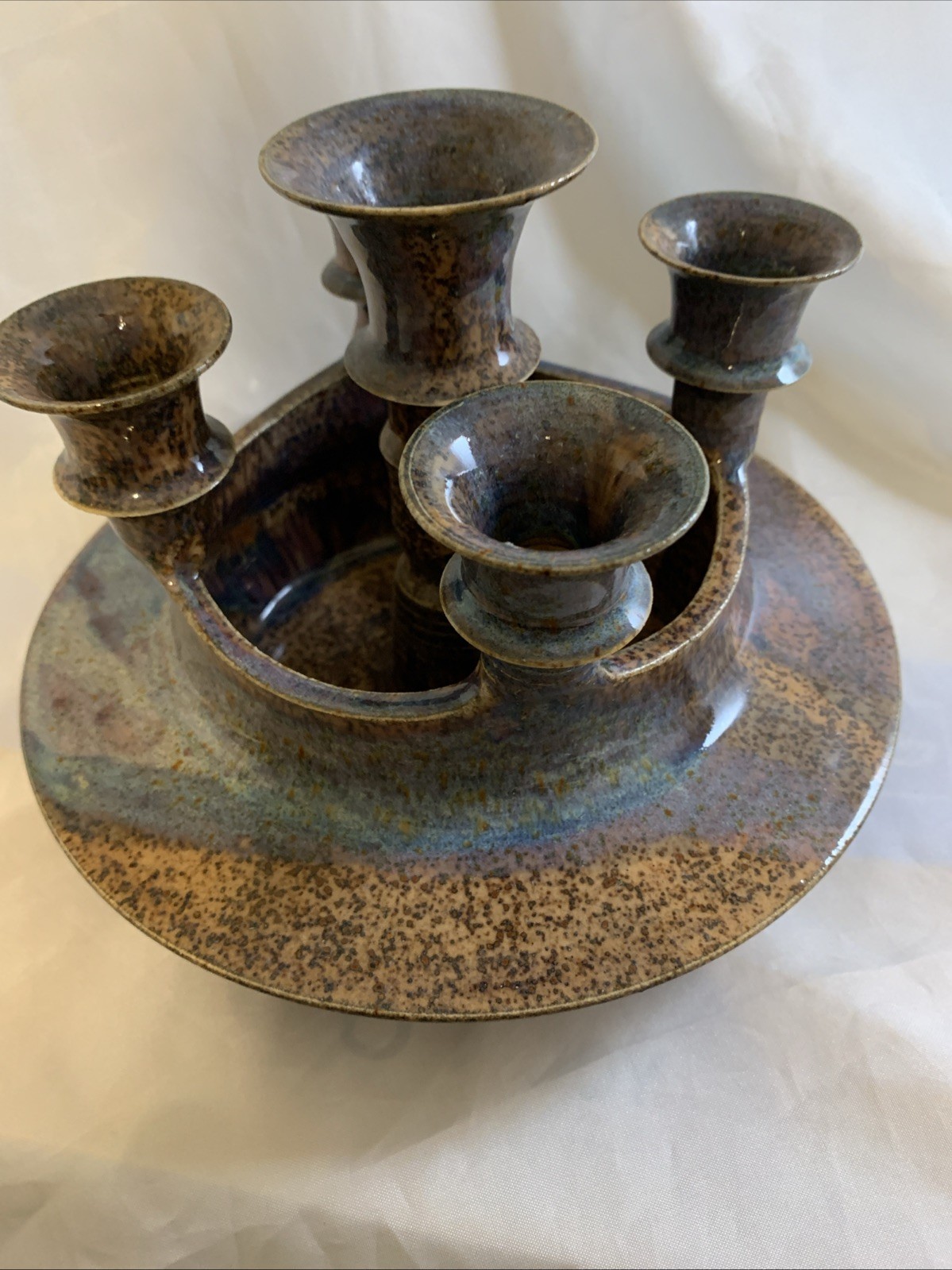 Vintage Handmade Studio Pottery 5 Taper Candlestick Holder Dish Custom Signed