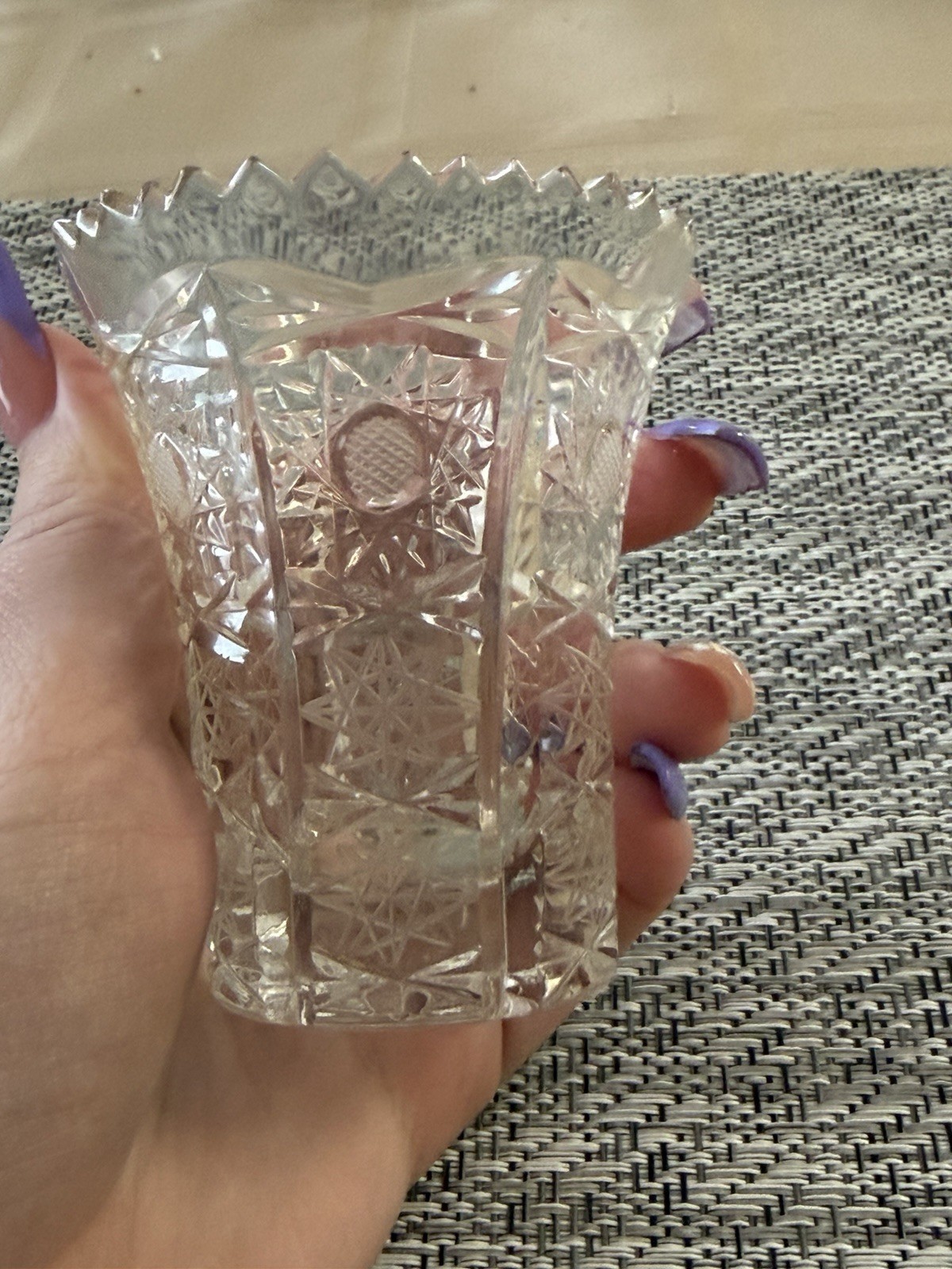 Toothpick Holder Bud Vase Wavy Sawtooth Rim Small Quality Clear Cut Crystal Mint